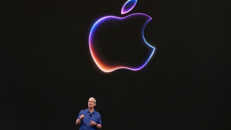 Apple CEO Tim Cook speaking during the most recent conference where the company announced its ventures into AI. Pic: AP