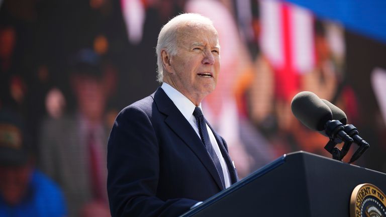 President Joe Biden delivers a speech during a commemorative ceremony to mark the 80th anniversary of D-Day, Thursday, June 6, 2024, at the U.S. Cemetery in Colleville-sur-Mer, Normandy.  Normandy is hosting several events to officially commemorate the 80th anniversary of the D-Day landings, which took place on June 6, 1944. (AP Photo/Daniel Cole, Pool)