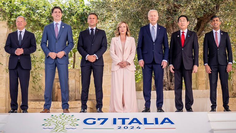 Olaf Scholz, Justin Trudeau, Emmanuel Macron, Giorgia Meloni, Joe Biden, Fumio Kishida, and Rishi Sunak in Borgo Egnazia at G7 summit 2024. Pic: AP 