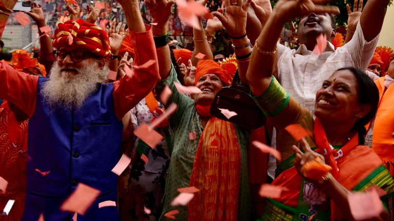 Supporters of India's Bharatiya Janata Party (BJP) celebrate on the day of the general election results, outside the party office in Bengaluru, India, June 4, 2024. REUTERS/Subhankar Dash TPX IMAGES OF THE DAY