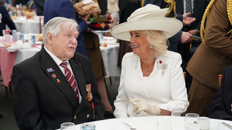 Queen Camilla speaks to veteran Arthur Oborne during a lunch following the UK's national commemorative event for the 80th anniversary of D-Day, held at the British Normandy Memorial in Ver-sur-Mer, Normandy, France, Thursday 6 June 2024. Photo: PA