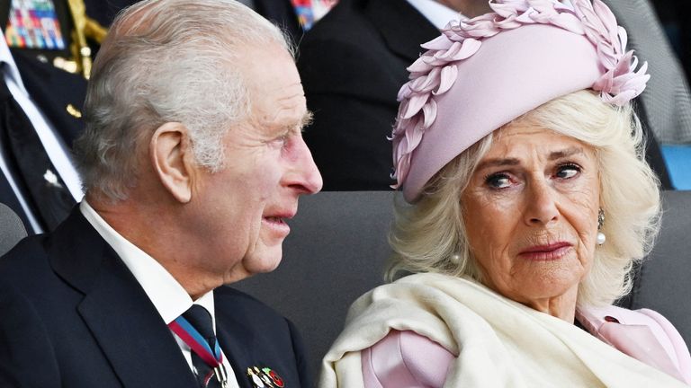 King Charles III and Queen Camilla in the Royal Box at the UK national commemorative event for the 80th anniversary of D-Day, organized by the Ministry of Defense on Southsea Common in Portsmouth, Hampshire.  Photo date: Wednesday, June 5, 2024. PA photo.  See the history of PA MEMORIAL DDay.  Photo credit should be: Dylan Martinez/PA Wire
