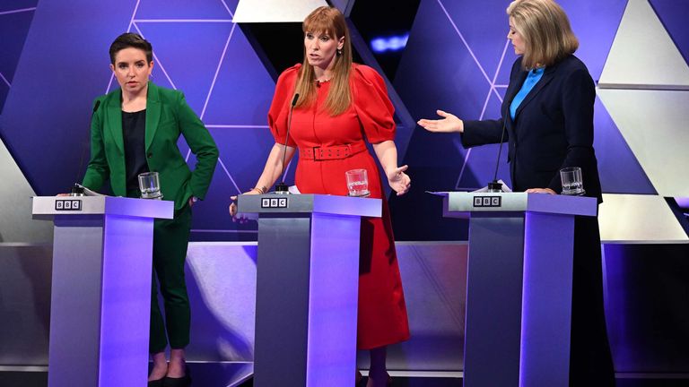 Green leader Carla Denyer (left) waits for Angela Rayner and Penny Mordaunt (right) to stop speaking. Pic: PA