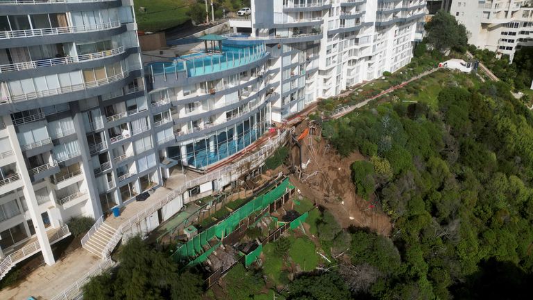 A drone view shows a massive landslide next to a building complex after heavy rains hit in Vina del Mar, Chile.
Pic: Reuters