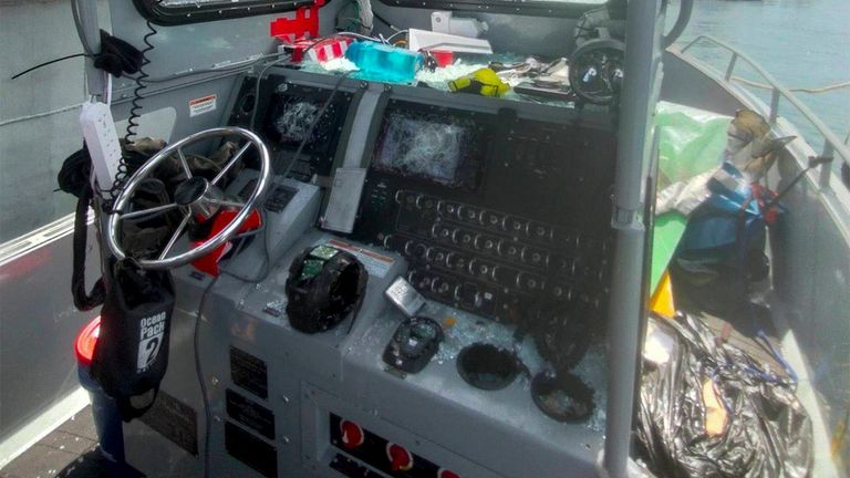 This handout photo provided by Armed Forces of the Philippines shows the windshield, communications and navigational equipment on a Philippine Navy Rigid Hull Inflatable Boat allegedly destroyed by the Chinese Coast Guard to prevent Philippine troops on a resupply mission in the Second Thomas Shoal at the disputed South China Sea on June 17, 2024. The Philippine military chief demanded Wednesday that China return several rifles and equipment seized by the Chinese coast guard in a disputed shoal and pay for damage in an assault he likened to an act of piracy in the South China Sea. (Armed Forces of the Philippines via AP)