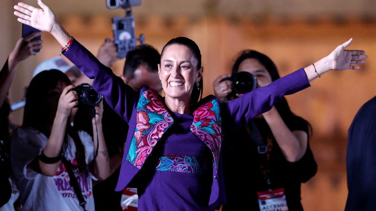 Claudia Sheinbaum gestures to supporters after being declared the winner of the presidential election .
Pic: Reuters