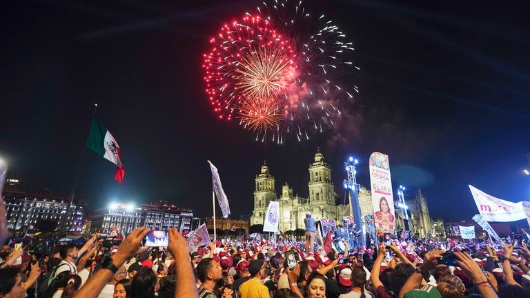 Fireworks go off as supporters of president-elect Claudia Sheinbaum celebrate at the Zocalo, Mexico City's main square.
Pic: AP