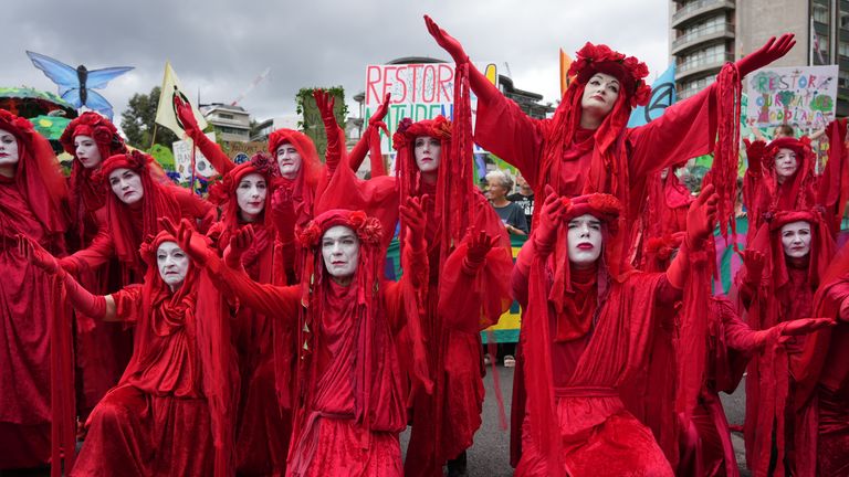 The Red Rebel Brigade during a Restore Nature Now protest in central London.  Photo date: Saturday, June 22, 2024.