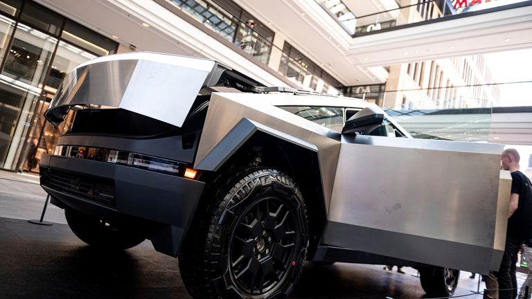 Tesla's Cybertruck on display in Berlin. Pic: AP