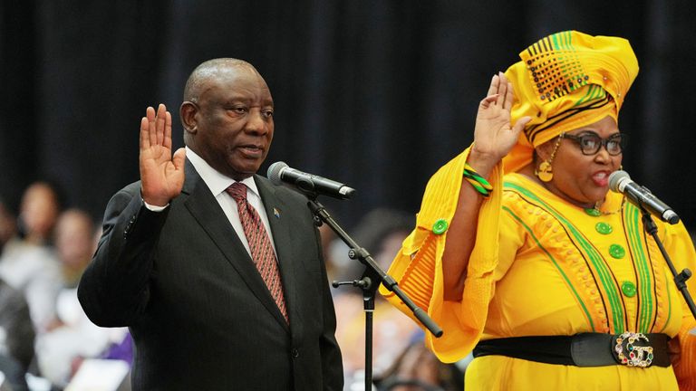 South African President Cyril Ramaphosa is sworn into the National Assembly during the first sitting of the National Assembly following elections, at the Cape Town International Convention Center (CTICC) in Cape Town, South Africa, June 14, 2024. REUTERS/Nic Bothma