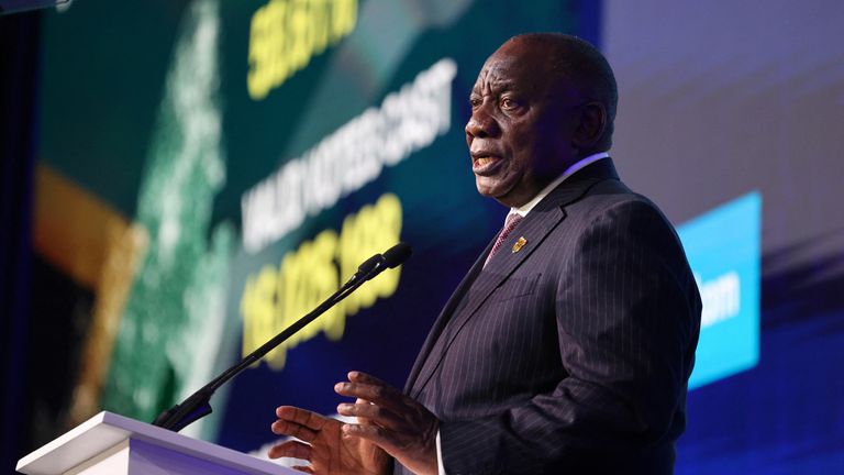 President Cyril Ramaphosa speaks during the announcement of election results. Pic: Reuters 