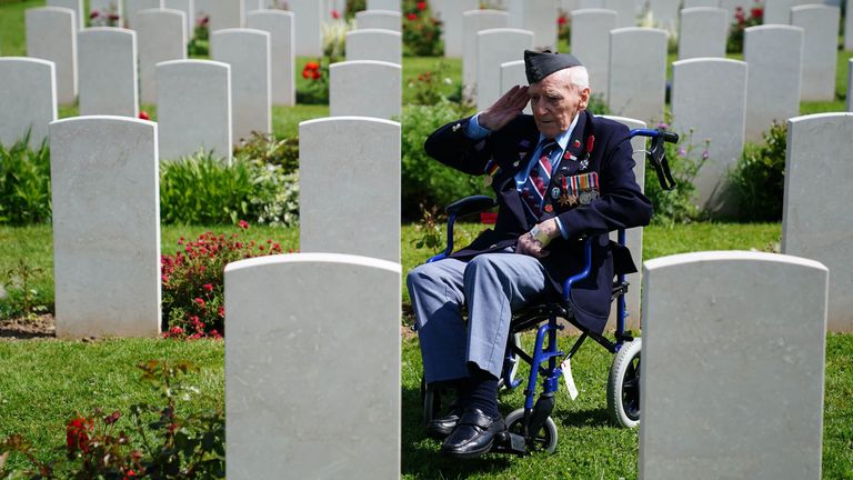 PABest Bernard Morgan, 100, a veteran from Cheshire, pays tribute at the Bayeux War Cemetery ahead of a service of commemoration for the 80th anniversary of D-Day on Thursday. Picture date: Wednesday June 5, 2024.