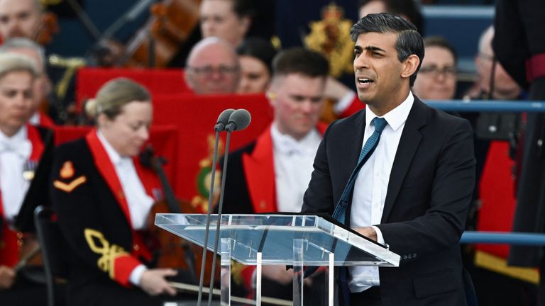 Rishi Sunak speaks during a commemorative event for the 80th anniversary of D-Day.
Pic: Reuters