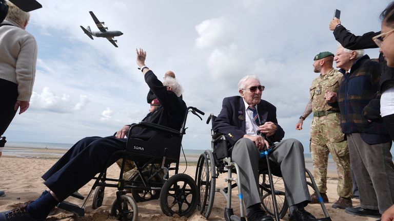 (L-R)) Veterans John Life and Donald Jones return to Sword Beach in Normandy, France, where they landed on D-Day. Pic: PA