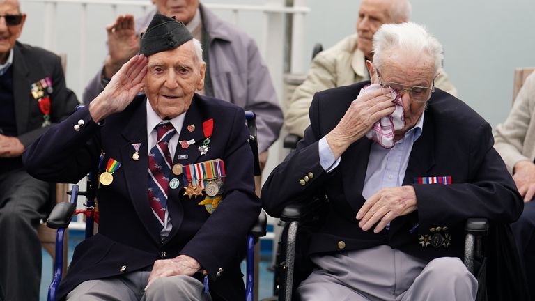 D-Day veterans Bernard Morgan and an emotional Harry Birdsall.
Pic: PA