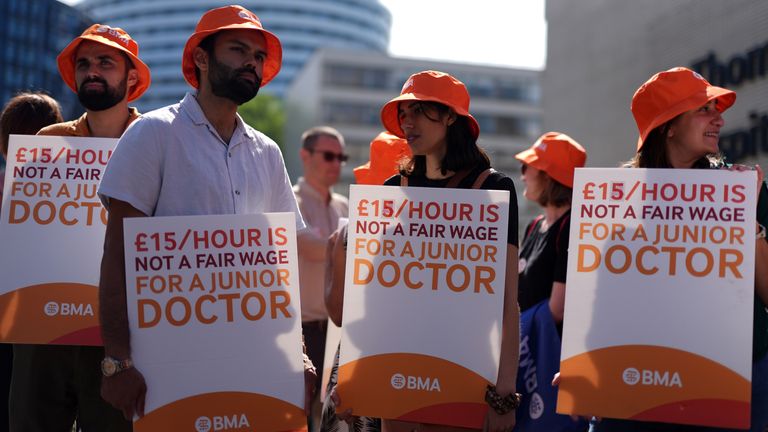 Junior doctors on the picket line outside St Thomas' Hospital, London. Pic: Jordan Pettitt/PA Wire 