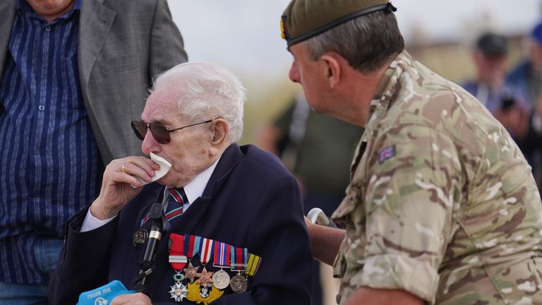 Veteran Donald Jones reacts as he returns to Sword Beach in Normandy. Pic: PA