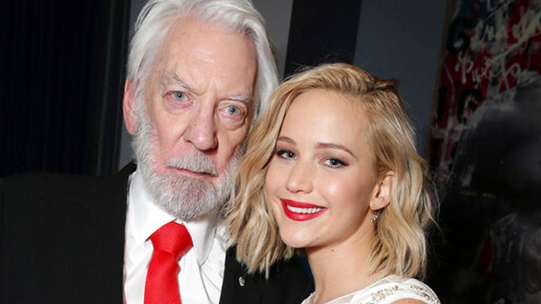 Sutherland with Hunger Games star Jennifer Lawrence in 2015. Pic: AP