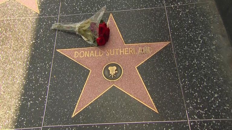 Flowers placed on Donald Sutherland&#39;s Hollywood Walk of Fame star