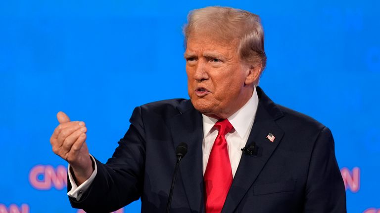 Republican presidential candidate former President Donald Trump speaks during a presidential debate with President Joe Biden.
Pic:  AP