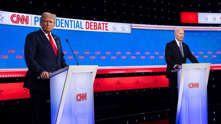 AP
Former President Donald Trump and President Joe Biden are seen in a photo spray during a commercial break in a debate hosted by CNN in its studios in Atlanta, Ga., June 27, 2024. (Francis Chung/POLITICO via AP Images)