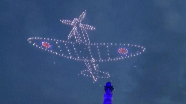 The stunning light show included drone formations of a fighter plane and paratrooper.


