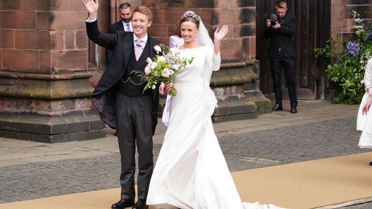 Hugh Grosvenor, the Duke of Westminster, and Olivia Henson leave Chester Cathedral after their wedding. Pic: PA