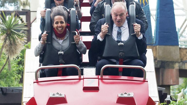 British leader of the Liberal Democrats party Ed Davey reacts as he rides a roller coaster called "Colossus" during a Liberal Democrats general election campaign event at Thorpe Park in London, Britain, June 10, 2024. REUTERS/Suzanne Plunkett.