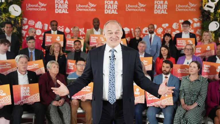 Liberal Democrats leader Sir Ed Davey during the party's General Election manifesto launch.
Pic: PA