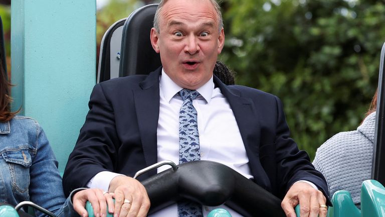 Ed Davey reacts as he sits on a ride called 'Rush' during a Liberal Democrats general election campaign event at Thorpe Park.
Pic: Reuters