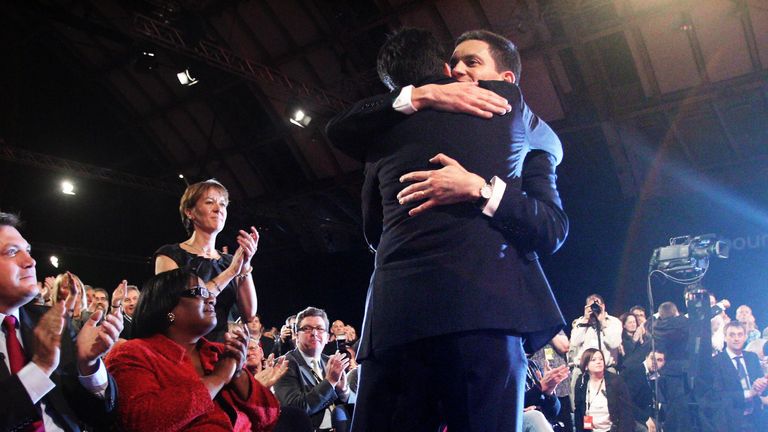 Hugging his brother David after beating him to become Labour leader in 2010. Pic: PA