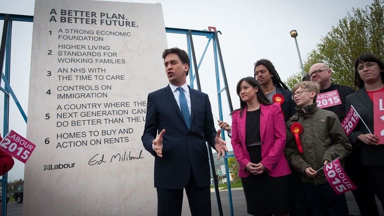 Ed Miliband unveils his manifesto pledges in unusual fashion. Pic: PA