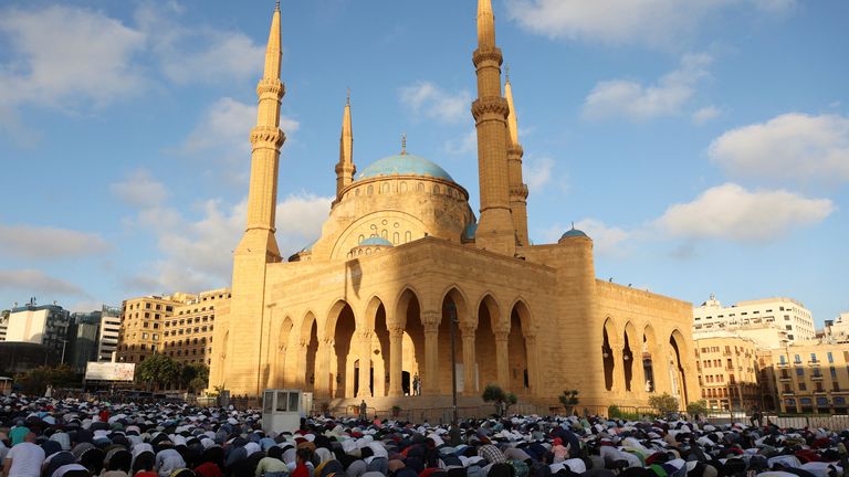 Eid al-Adha prayers outside Al-Amin mosque in downtown Beirut, Lebanon.
Pic: Reuters
