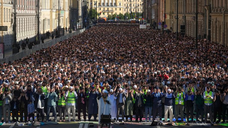 Eid al-Adha prayers at the Moskovsky central avenue during celebrations in St. Petersburg, Russia.
Pic: AP