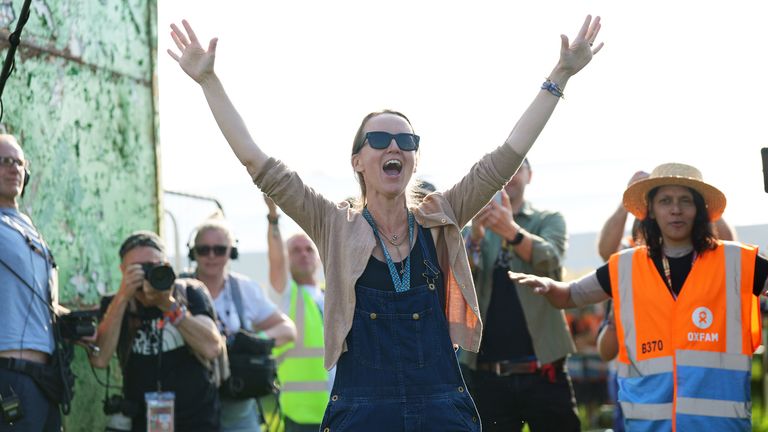 Emily Eavis opens the gates on the first day of the Glastonbury Festival at Worthy Farm in Somerset. Picture date: Wednesday June 26, 2024. PA Photo. See PA story SHOWBIZ Glastonbury. Photo credit should read: Yui Mok/PA Wire 