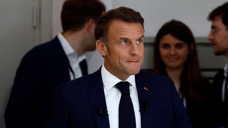 Emmanuel Macron arrives to attend a press conference about the priorities of his Renaissance party and its allies ahead of the early legislative elections in Paris, France.
Pic: Reuters