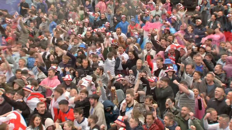 Fans celebrate first England goal of the Euros