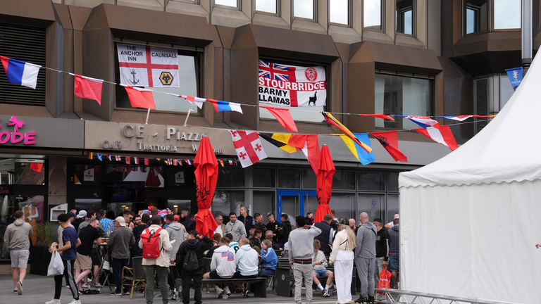 England fans in Gelsenkirchen. England take on Serbia tomorrow in their UEFA Euro 2024 Group C match at the Arena AufSchalke in Gelsenkirchen, Germany. Picture date: Saturday June 15, 2024.
