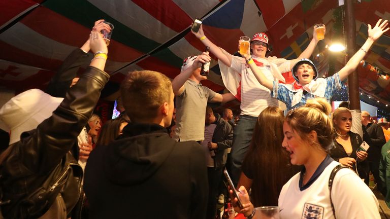Scenes of England fans celebrating in Hebburn, South Tyneside. Pic: AP 