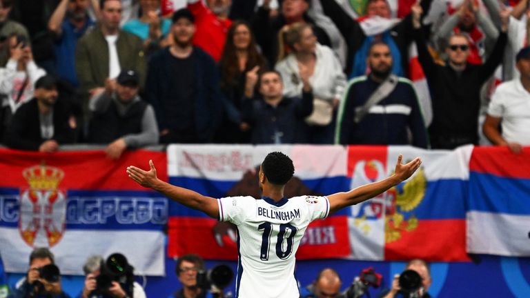 England's Jude Bellingham celebrates his goal to make it 1-0. Pic: AP