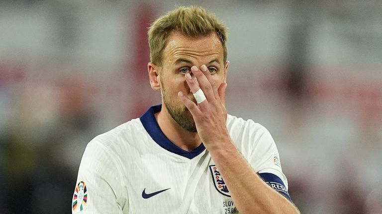 Harry Kane of England reacts during the UEFA Euro 2024 Group C match at the Cologne Stadium in Cologne, Germany.  Photo date: Tuesday, June 25, 2024.