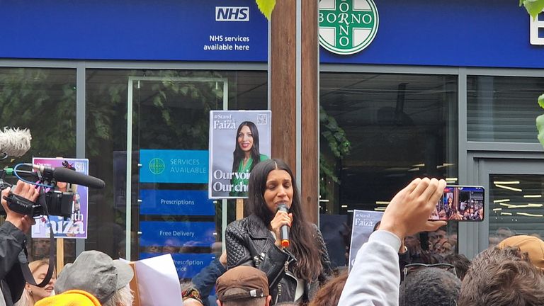Former Labour candidate Faiza Shaheen during a rally with supporters