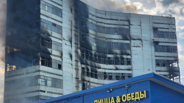 Smoke billows from a burning administrative building in Fryazino near Moscow. Pic: Governor of the Moscow Region Andrei Vorobyov via Telegram
