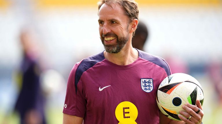 England head coach Gareth Southgate during a training session in Germany. Pic: PA