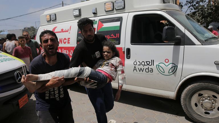 Palestinians wounded in the Israeli bombardment of the Gaza Strip arrive at al-Aqsa Hospital in Deir al Balah on Saturday, June 8, 2024. (AP Photo/Jehad Alshrafi)