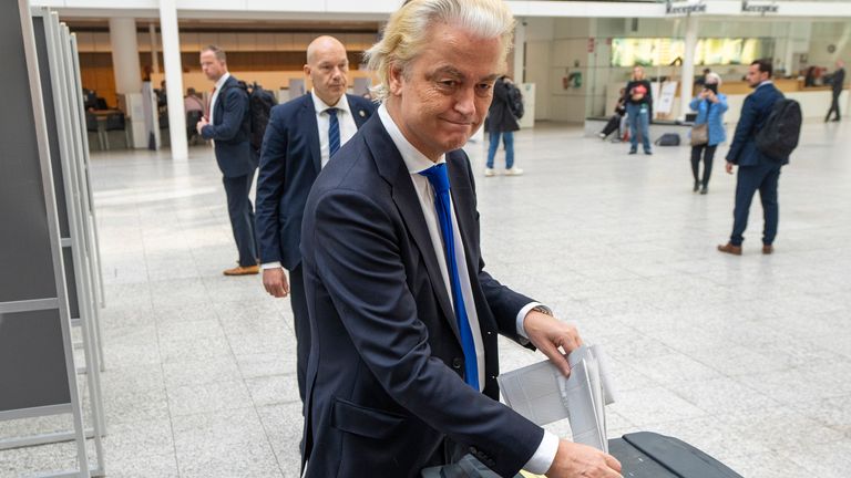 FILE - Anti-Islam lawmaker Geert Wilders of the PVV, or Party for Freedom, casts his ballot for the European election in The Hague, Netherlands, Thursday, June 6, 2024. The four parties negotiating to form a coalition government in the Netherlands have reached agreement on a new team of Cabinet ministers, far-right leader Geert Wilders said Tuesday, June 11, 2024. It's another key step toward forming the first Dutch government led by a far-right party Wilders, whose Party for Freedom won national elections more than six months ago, did not immediately give details. (AP Photo/Peter Dejong, File)