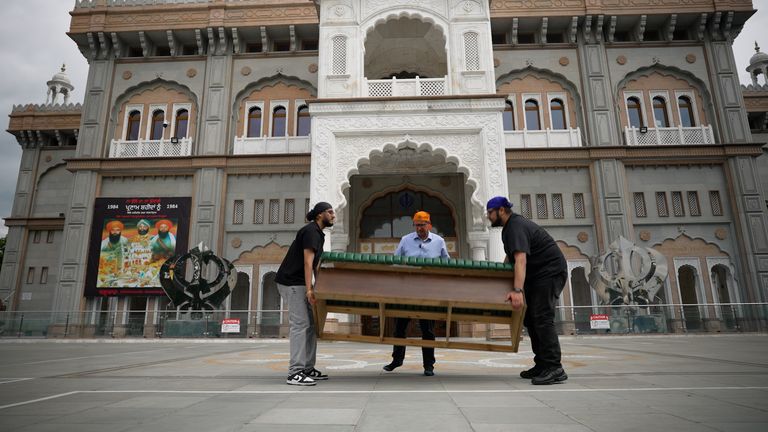 Sky's parlimentary bench outside a Sikh temple in South East England