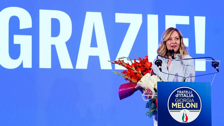 Italian Prime Minister Giorgia Meloni speaks about the results of the European Parliamentary elections at a press conference at the Fratelli d'Italia party electoral committee in Rome, Monday, June 10, 2024. (Roberto Monaldo/LaPresse via AP)