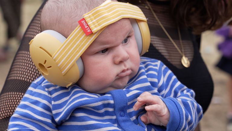 Baby Finlay, aged 10 weeks, 'stole the show' as Annie Mac opened the Other Stage at Glastonbury. Pic: Tom Leese/PA Wire
