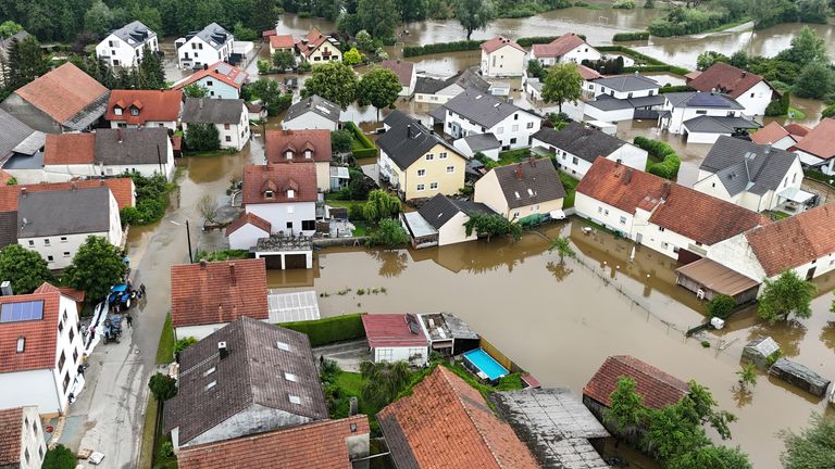 Flooded homes in Gotteshofen, Bavaria, on Sunday. Pic: Reuters
